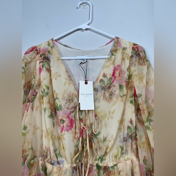 Ted Baker V-Neck GGT Printed Tie-front Mini Floral Chiffon Dress Yellow Accents - Picture 7 of 16